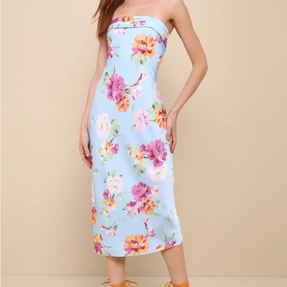 Lulu’s Sophisticated Design Light Blue Floral Strapless Midi Dress - Picture 1 of 6